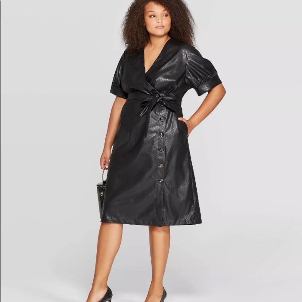 Nwt who what wear faux leather black wrap dress with belt.Perfect for fall